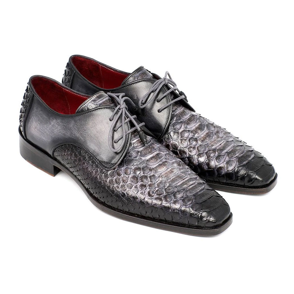 600 Paul Parkman Men's Gray and Black Genuine Python & Calfskin Derby Shoes (ID#PT59GRY) - Image 1
