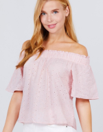 Short Sleeve Off-the-Shoulder Eyelet Woven Top - Image 3