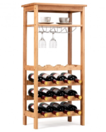 Bamboo Storage Shelf 16 Bottle Wine Rack And Glass Hanger