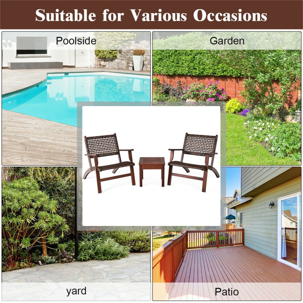 Wooden Patio Rattan Furniture Set 3PCS Outdoor - Image 7