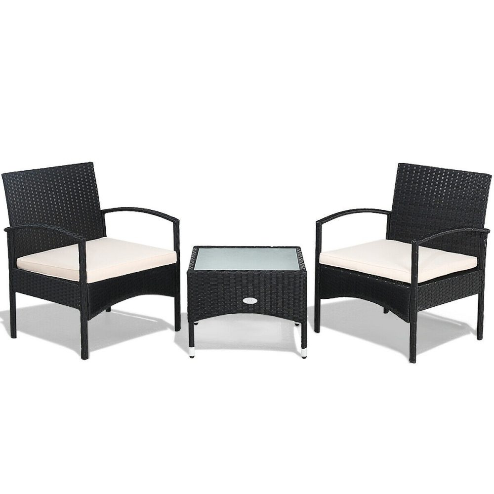 Patio Wicker Rattan with White Cushion Furniture Set 3 Pcs - Image 1