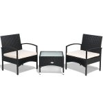Patio Wicker Rattan with White Cushion Furniture Set 3 Pcs