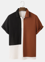 Mens T-Shirt Tricolor Knitted Lapel Short Sleeve Regular Hem