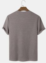 Mens T-Shirt Plain Khaki Knitted Waffle Texture Short Sleeve - Image 3