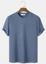 Mens T-Shirt Plain Blue Knitted Waffle Texture Short Sleeve