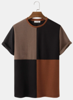 Mens T-Shirt Color Block Patchwork Crew Neck Short Sleeve