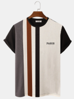 Mens T-Shirt Striped Patchwork Crew Neck Knit Short Sleeve