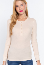 Long Sleeve Top Beige Thermal Henley - Image 2