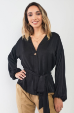 Satin Top Bishop Sleeve V-Neck - Image 2