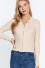 Sweater Top Cream Beige Notched Collar - Image 2
