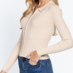 Sweater Top Cream Beige Notched Collar