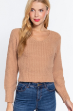 Sweater Khaki Ribbed Puff Sleeve V-Neck - Image 2