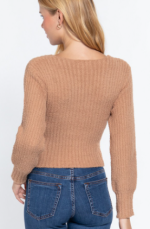 Sweater Khaki Ribbed Puff Sleeve V-Neck - Image 4