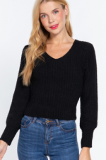 Sweater Black Ribbed Puff Sleeve V-Neck - Image 2