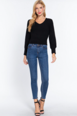 Sweater Black Ribbed Puff Sleeve V-Neck - Image 3
