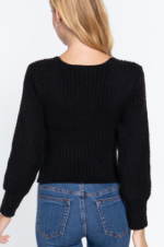 Sweater Black Ribbed Puff Sleeve V-Neck - Image 4
