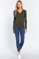 Long Sleeve Top True Olive V-Neck Placket Thermal - Image 2