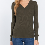 Long Sleeve Top True Olive V-Neck Placket Thermal
