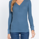 Long Sleeve Top Steel Blue V-Neck Placket Thermal