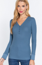 Long Sleeve Top Steel Blue V-Neck Placket Thermal - Image 2