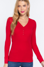 Long Sleeve Top Red V-Neck Placket Thermal - Image 2
