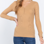 Long Sleeve Top Pecan V-Neck Placket Thermal