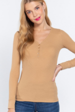Long Sleeve Top Pecan V-Neck Placket Thermal - Image 2
