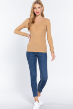 Long Sleeve Top Pecan V-Neck Placket Thermal - Image 3