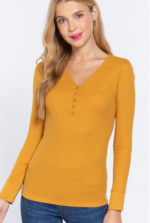 Long Sleeve Top Deep Mustard V-Neck Placket Thermal - Image 2