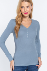 Long Sleeve Top Blue V-Neck Placket Thermal - Image 2