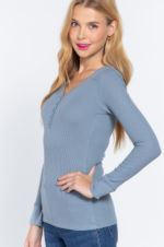 Long Sleeve Top Blue V-Neck Placket Thermal - Image 3