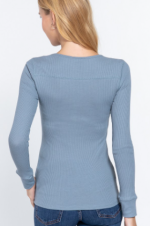 Long Sleeve Top Blue V-Neck Placket Thermal - Image 4