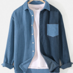 Long-Sleeve Button Down Blue Corduroy Color Contrast Shirt