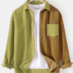 Long-Sleeve Button Down Green Corduroy Color Contrast Shirt