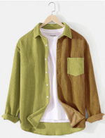Long-Sleeve Button Down Green Corduroy Color Contrast Shirt - Image 2