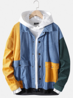 Jacket Corduroy Button-Down Color Block Patchwork Snap Button - Image 6