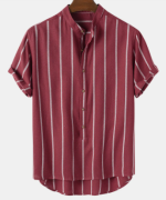 Short-Sleeve Button Down Striped Red Henley Shirt - Image 2