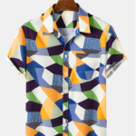 Short-Sleeve Button Down Yellow Mixed Color Block Hawaiian Shirt