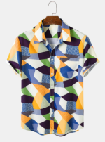 Short-Sleeve Button Down Yellow Mixed Color Block Hawaiian Shirt - Image 2