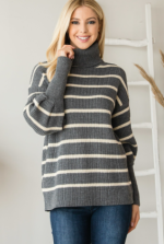 Sweater Heavy Knit Gray Stripe Turtle Neck - Image 2