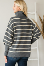 Sweater Heavy Knit Gray Stripe Turtle Neck - Image 3