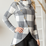 Sweater Asymmetric Trim Plaid Print