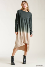 Maxi Dress Charcoal Ombre Long-Sleeved Front Knot Design - Image 2