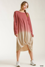 Maxi Dress Wine Ombre Long-Sleeved Front Knot Design - Image 2