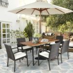 Furniture Set Outdoor 7 Piece Wooden Dining Tabletop & Rattan Chairs Warm White Cushions - Image 3