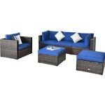 Furniture Set Outdoor 6 Piece Rattan Sectional With Navy Cushions