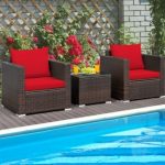 Furniture Set Outdoor 3 Piece Rattan Conversation Design With Red Cushions - Image 2