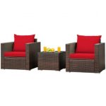 Furniture Set Outdoor 3 Piece Rattan Conversation Design With Red Cushions