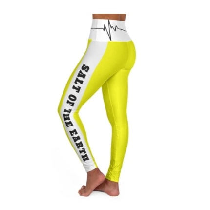 Screenshot 2022-01-21 10.22.42 PM Leggings Full Length High-Waisted Bright Yellow & White "Salt Of The Earth/Matthew 5:13" With Bordered Heartbeat Graphic - Image 1