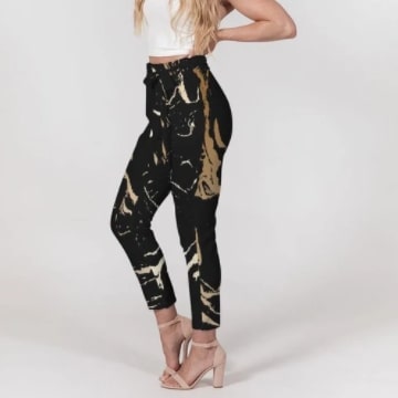 Screenshot 2022-01-22 2.49.51 PM Pants Tapered Cut High-Waisted Black & Gold Marble Belted Trousers - Image 1